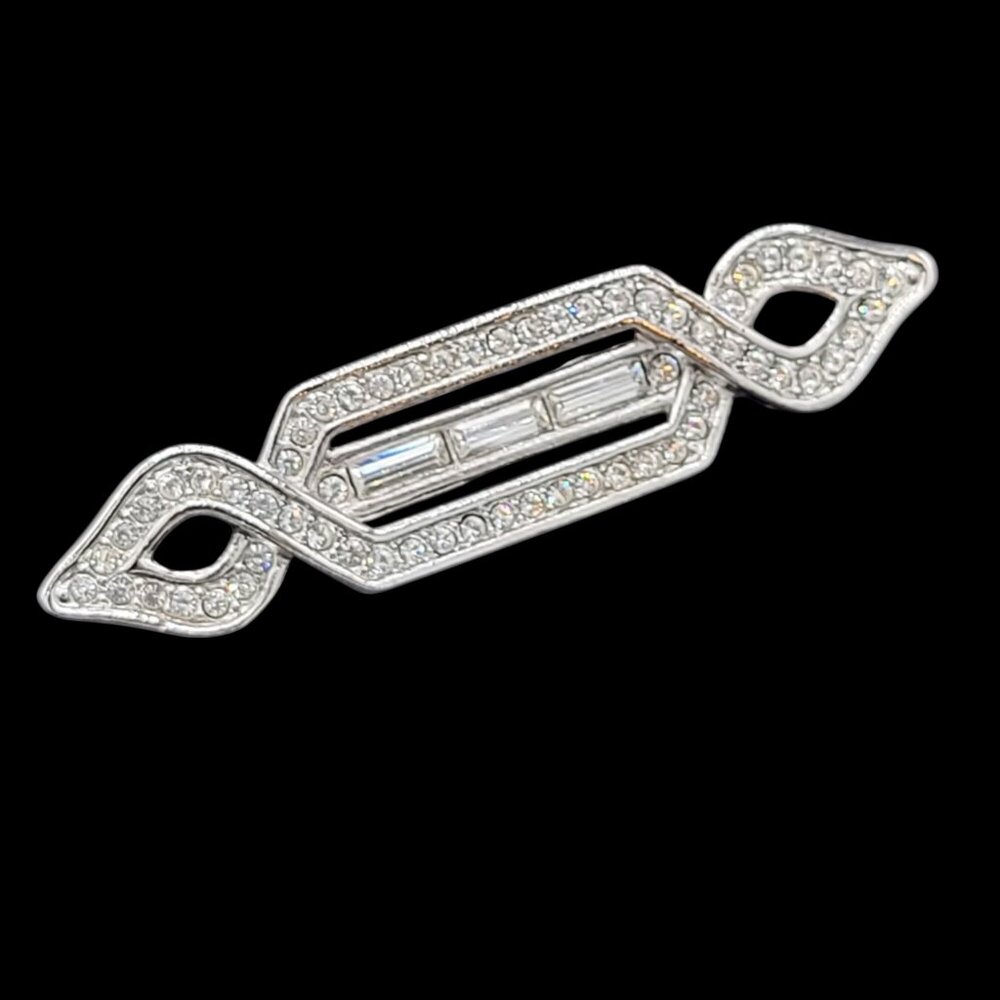 Vintage Monet Art Deco Style Bar Brooch Sparkly White Crystals Silver Tone